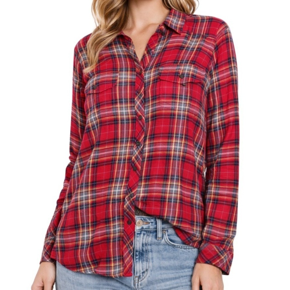 Wild Fable Red Plaid Button Down Shirt Womens Large Long Sleeve High Low Hem Top
